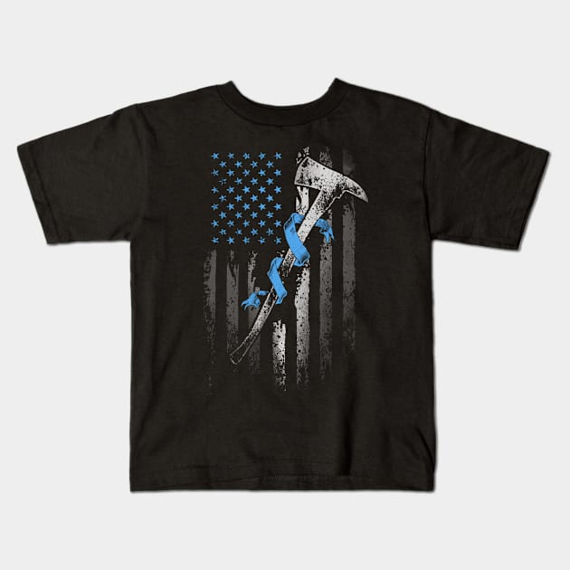 Flag American Firefighter Trisomy 18 Awareness Light Blue Ribbon Warrior Kids T-Shirt by celsaclaudio506